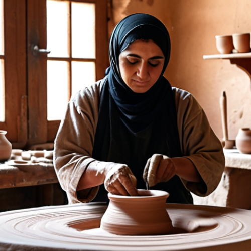 Home 4 **
A local artist in a traditional Middle Eastern setting, meticulously shaping clay on a pottery wheel. The scene is bathed in warm, natural light filtering into a small workshop filled with various tools, raw materials, and finished pottery pieces. Capture the artist's focused expression and the tactile connection with the clay. Emphasize the authenticity and heritage of the craft.
**