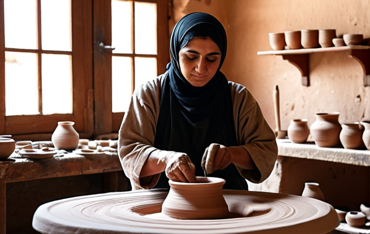 **
A local artist in a traditional Middle Eastern setting, meticulously shaping clay on a pottery wheel. The scene is bathed in warm, natural light filtering into a small workshop filled with various tools, raw materials, and finished pottery pieces. Capture the artist's focused expression and the tactile connection with the clay. Emphasize the authenticity and heritage of the craft.
**