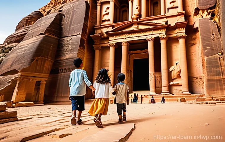 가족 여행과 관련된 다양한 교육 방법 - **Prompt: Family Exploring Ancient Wonders with Reverence**
    "A joyful family of four, consisting...