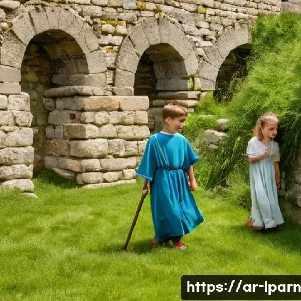 역사적인 장소에서 배우는 가족 여행 아이디어 - **Prompt: "A group of cheerful children, aged 7-10, fully clothed in simplified, age-appropriate his...