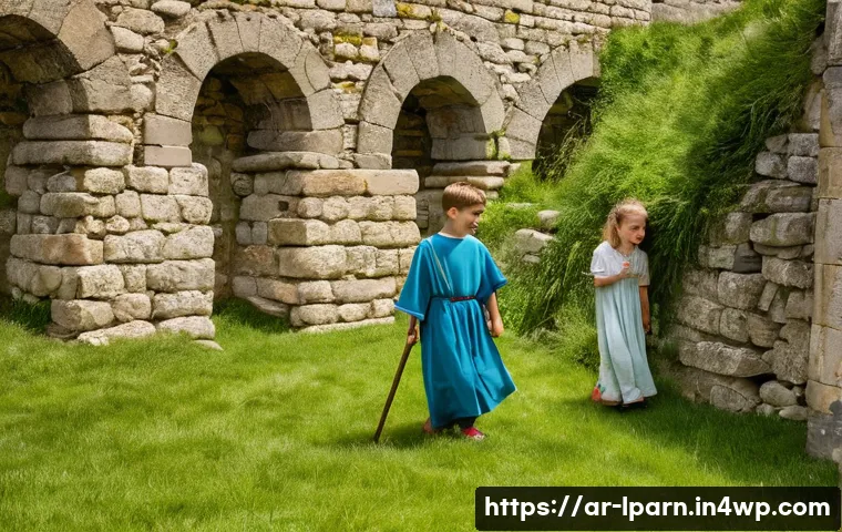 역사적인 장소에서 배우는 가족 여행 아이디어 - **Prompt: "A group of cheerful children, aged 7-10, fully clothed in simplified, age-appropriate his...