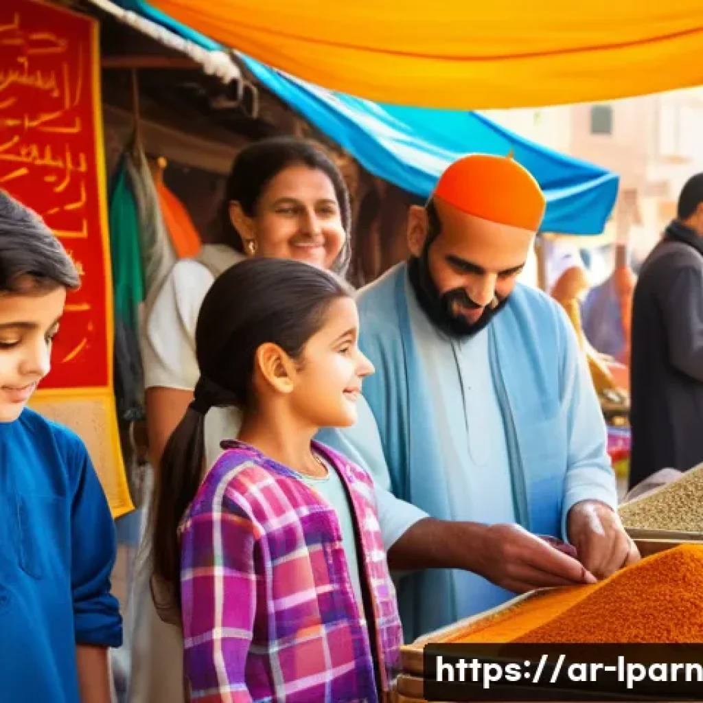 가족 여행에서의 올바른 소비 교육 - A warm, lively Middle Eastern family scene at a traditional outdoor market in the early afternoon, w...