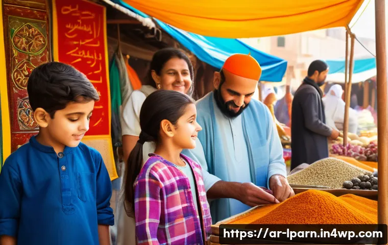 가족 여행에서의 올바른 소비 교육 - A warm, lively Middle Eastern family scene at a traditional outdoor market in the early afternoon, w...