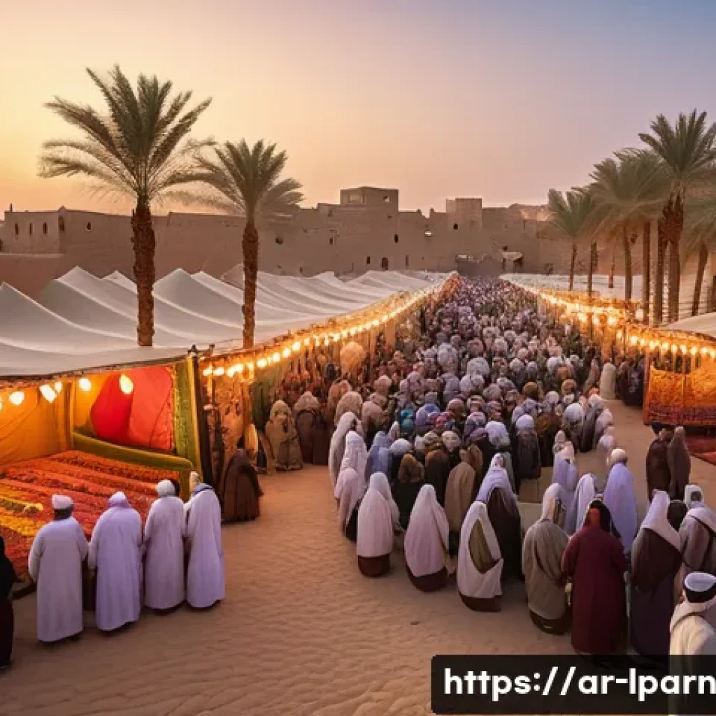 여행을 통한 미래 설계 교육 - A vibrant scene in a traditional Middle Eastern village during a cultural festival at sunset, featur...