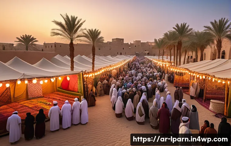 여행을 통한 미래 설계 교육 - A vibrant scene in a traditional Middle Eastern village during a cultural festival at sunset, featur...