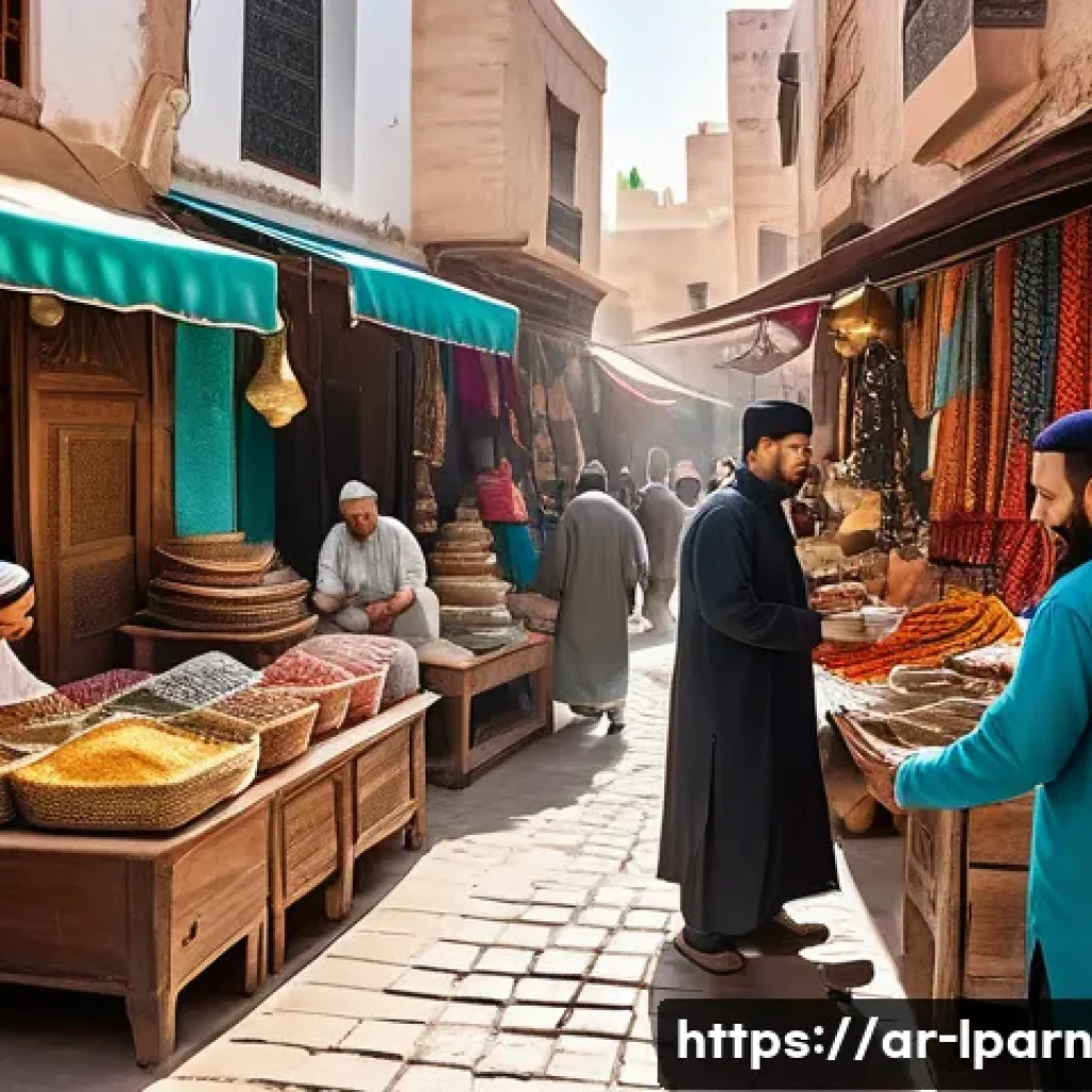 여행 중 경험하는 다양한 언어 교육 - A lively Moroccan street market scene during the day, featuring a young adult traveler interacting w...