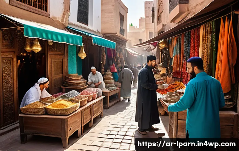 여행 중 경험하는 다양한 언어 교육 - A lively Moroccan street market scene during the day, featuring a young adult traveler interacting w...