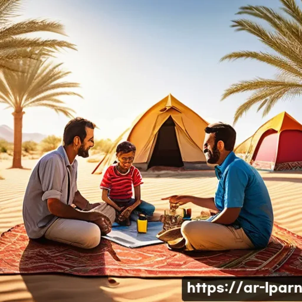 가족 여행에서의 팀워크 교육 활동 - A warm family scene set outdoors during a sunny family camping trip in the Arabian desert, featuring...