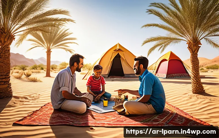 가족 여행에서의 팀워크 교육 활동 - A warm family scene set outdoors during a sunny family camping trip in the Arabian desert, featuring...