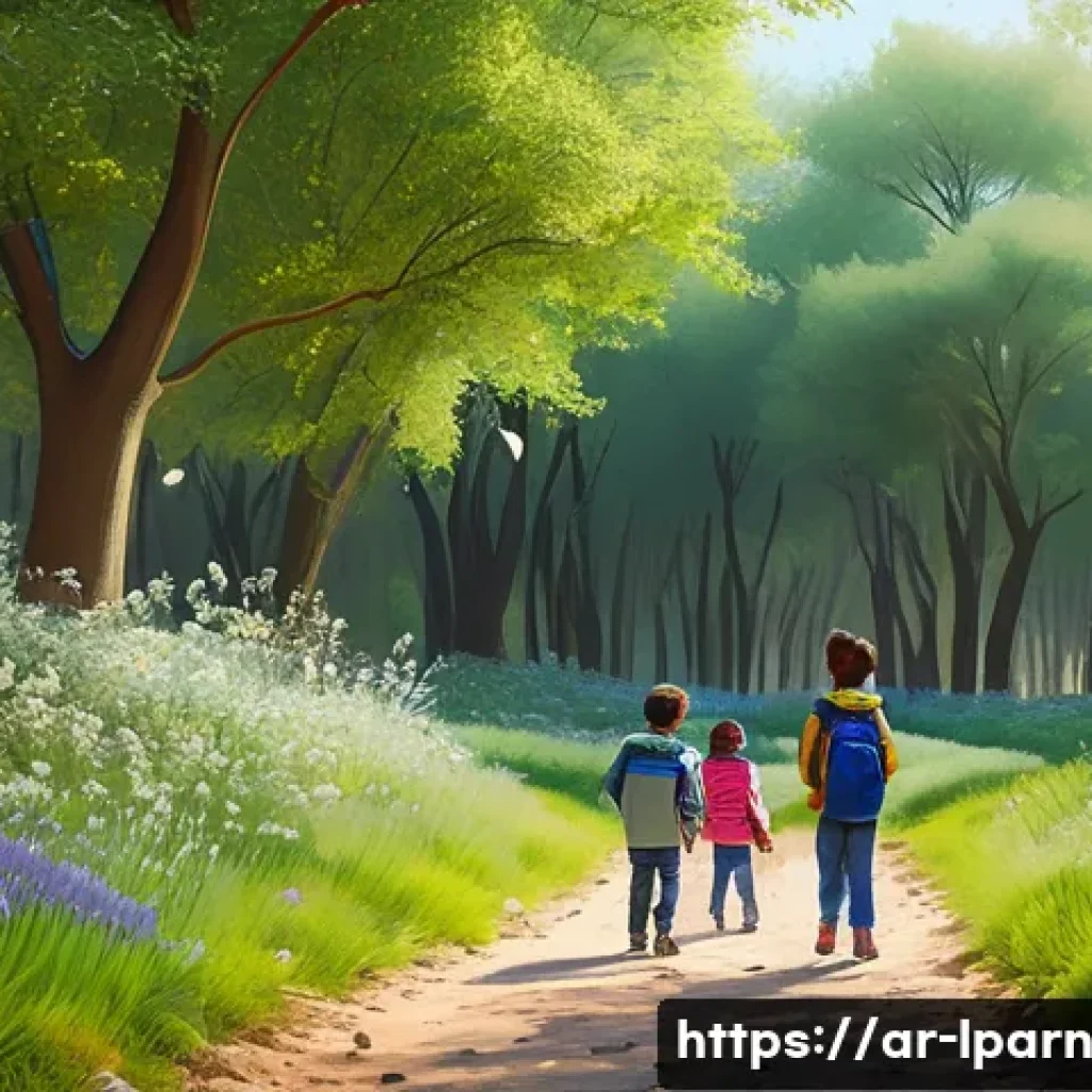 가족 여행을 통한 자연 교육 방법 - A warm family scene in a lush, sunlit Middle Eastern forest during spring, showing children wearing ...