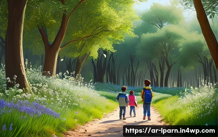 가족 여행을 통한 자연 교육 방법 - A warm family scene in a lush, sunlit Middle Eastern forest during spring, showing children wearing ...