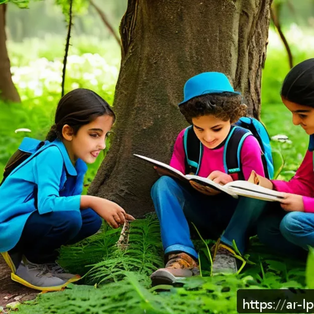 아이들과 함께하는 자연 탐사 여행 - A vibrant outdoor scene depicting a group of Arab children aged 6-8 on a nature educational trip in ...