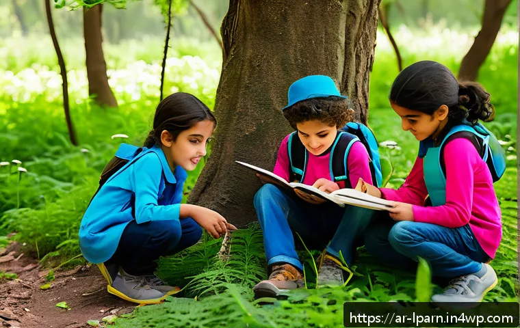 아이들과 함께하는 자연 탐사 여행 - A vibrant outdoor scene depicting a group of Arab children aged 6-8 on a nature educational trip in ...