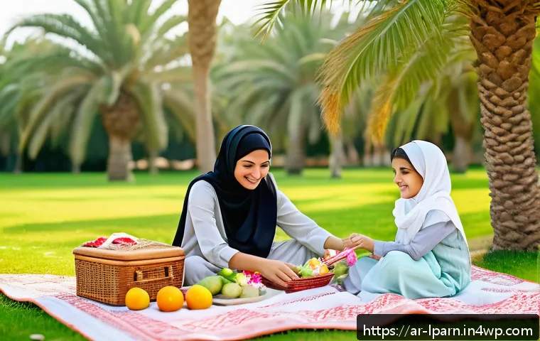가족 여행으로 얻는 인성 교육의 중요성 - A happy Middle Eastern family enjoying a scenic outdoor picnic in a lush green park during a sunny d...