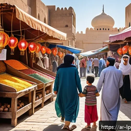 가족 여행을 통한 자기 주도 학습의 기회 - A vibrant scene at a traditional Middle Eastern market bustling with families and children wearing m...