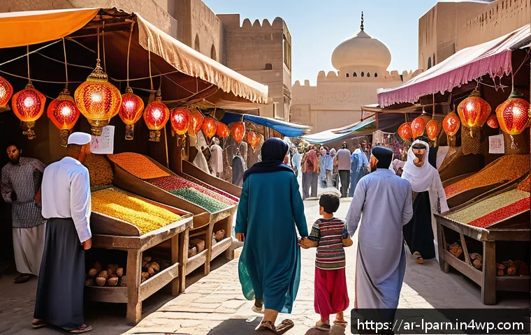 가족 여행을 통한 자기 주도 학습의 기회 - A vibrant scene at a traditional Middle Eastern market bustling with families and children wearing m...