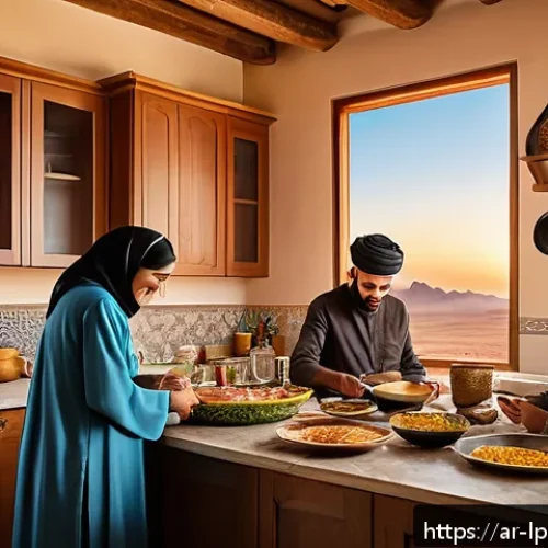 가족 여행 중의 다양한 경험과 배우기 - A warm and inviting family scene at a cozy private chalet in a Middle Eastern setting, featuring a m...
