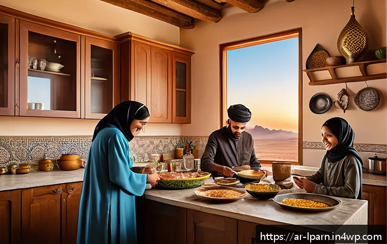 가족 여행 중의 다양한 경험과 배우기 - A warm and inviting family scene at a cozy private chalet in a Middle Eastern setting, featuring a m...