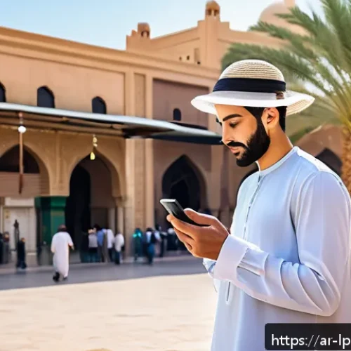 여행 중 기후 변화 알아보기 - A detailed scene of an Arabic traveler in a modern Middle Eastern city during springtime, wearing li...