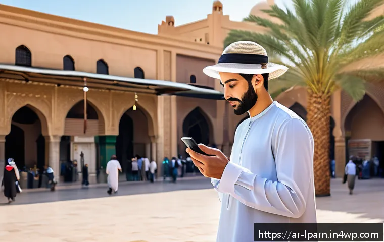 여행 중 기후 변화 알아보기 - A detailed scene of an Arabic traveler in a modern Middle Eastern city during springtime, wearing li...