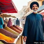여행을 통한 언어 학습 효과 - A vibrant Middle Eastern outdoor market scene in a bustling city, showing an Arabic-speaking travele...