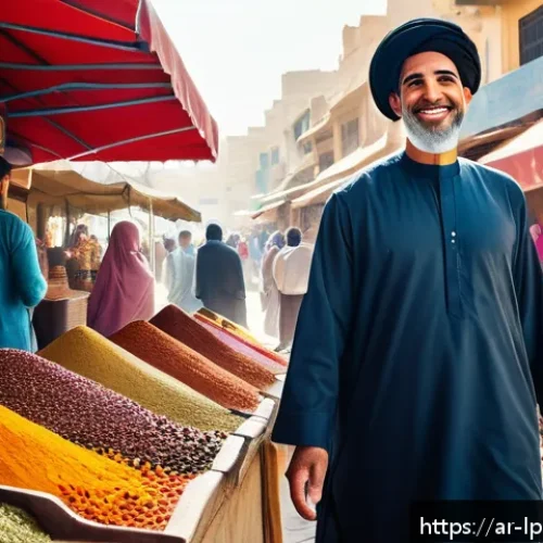 여행을 통한 언어 학습 효과 - A vibrant Middle Eastern outdoor market scene in a bustling city, showing an Arabic-speaking travele...