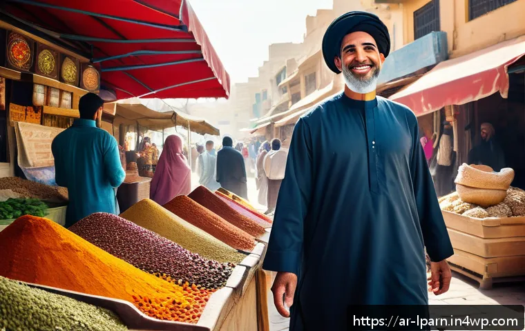 여행을 통한 언어 학습 효과 - A vibrant Middle Eastern outdoor market scene in a bustling city, showing an Arabic-speaking travele...
