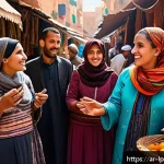 여행 중의 문화적 다양성 이해 - A vibrant Moroccan marketplace scene showcasing a diverse group of people communicating using basic ...