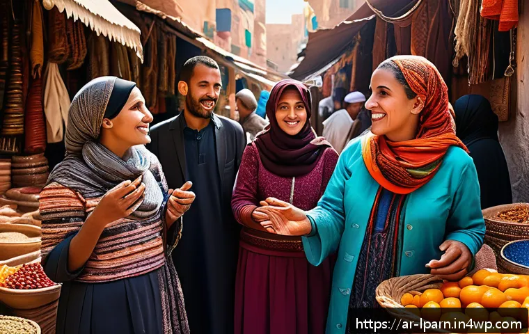 여행 중의 문화적 다양성 이해 - A vibrant Moroccan marketplace scene showcasing a diverse group of people communicating using basic ...