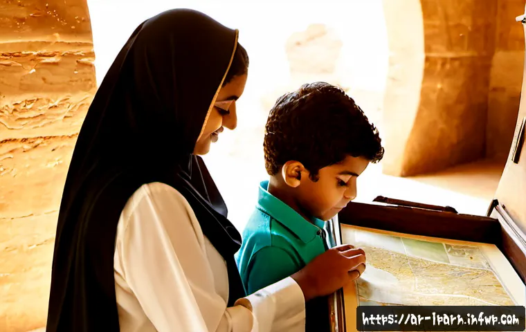 가족 여행과 관련된 과거 탐구 활동 - Photorealistic Arab family exploring travel history at a heritage museum, grandparents and parents w...