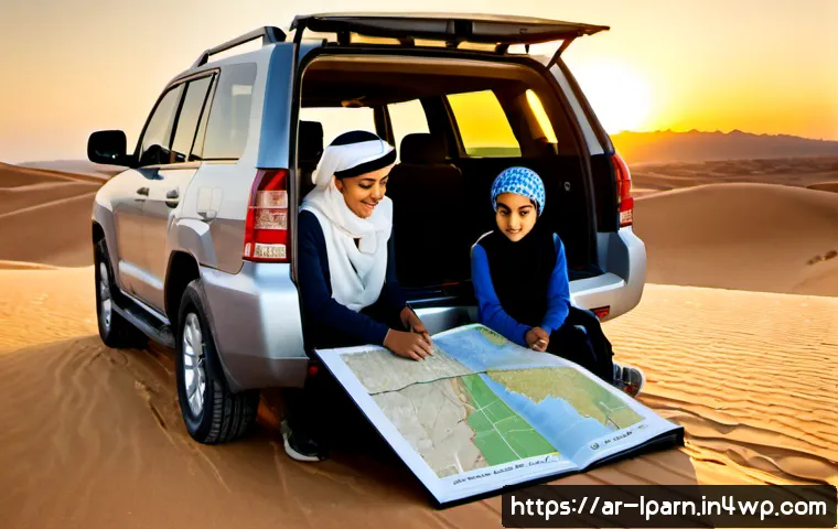 가족 여행에서의 리더십 교육 - Photorealistic Arab family leadership lesson during a desert road trip, confident mother in modest l...