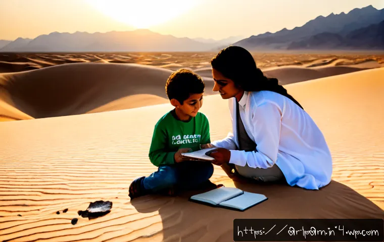 아이와 함께하는 과학 탐험 여행 - Photorealistic Arab parent and child on a family science exploration trip in a quiet desert at sunse...