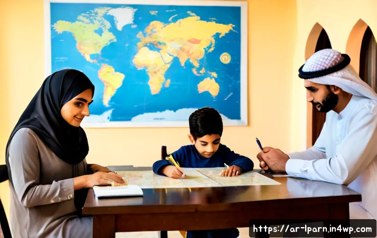 가족 여행 계획 시 고려해야 할 교육 요소 - Photorealistic Arab family planning an educational holiday at a bright home dining table, parents in...
